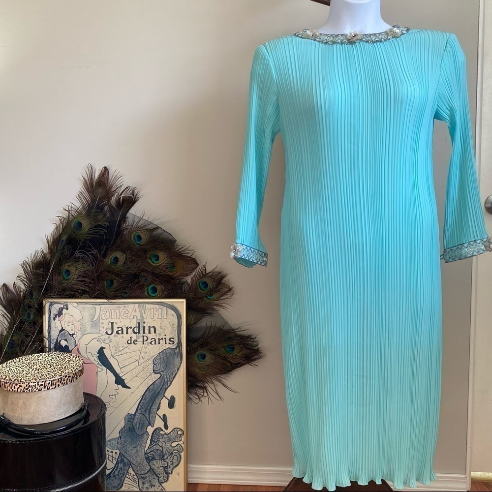 𝅺PETITE Fashion accordion fabric blue beaded dress​​​​​